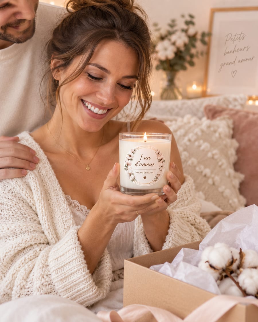 Idée cadeau bougie personnalisée Noces de coton (1 an)