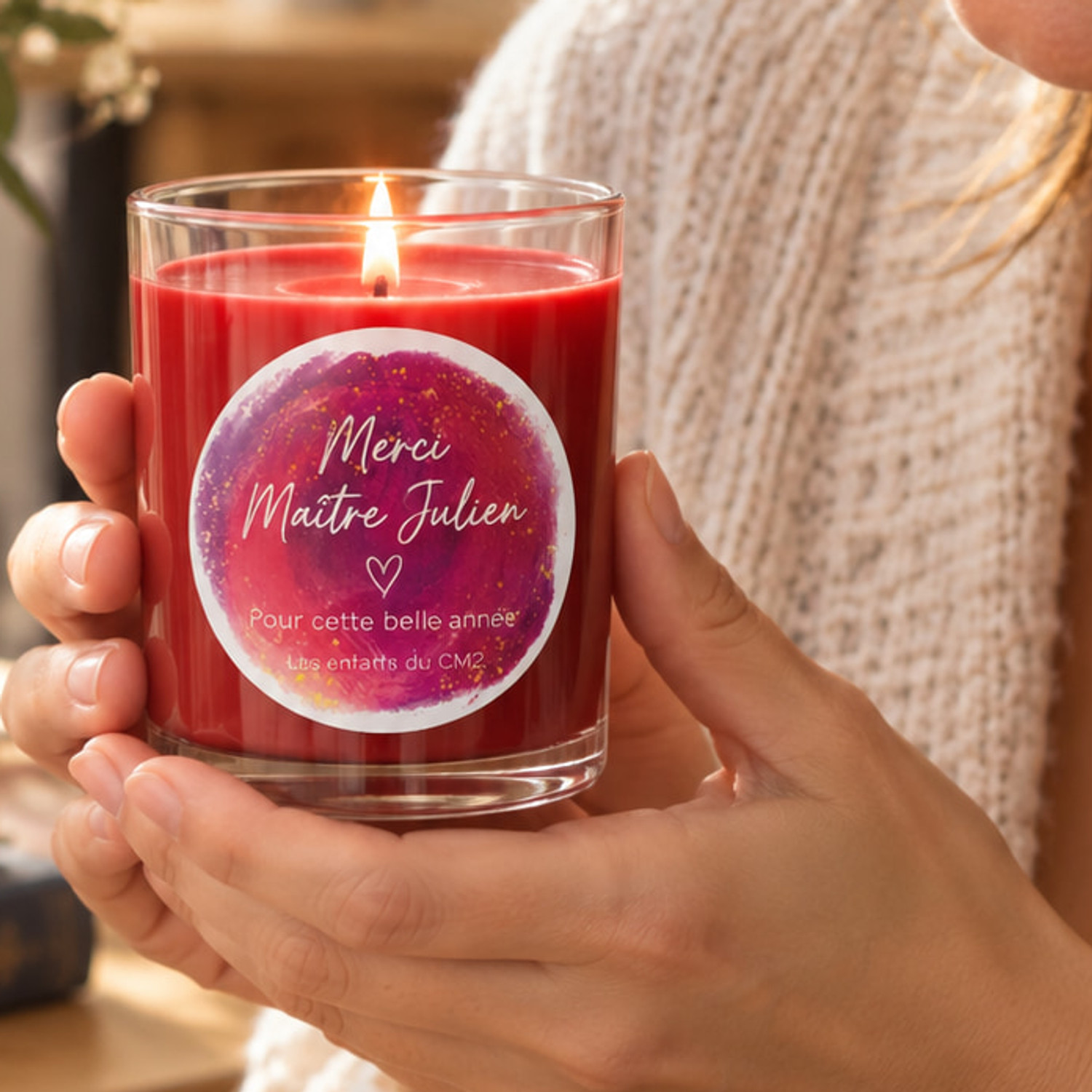 Bougie personnalisée Cadeau maîtresse & maître Rouge passion 130g — cire végétale naturelle