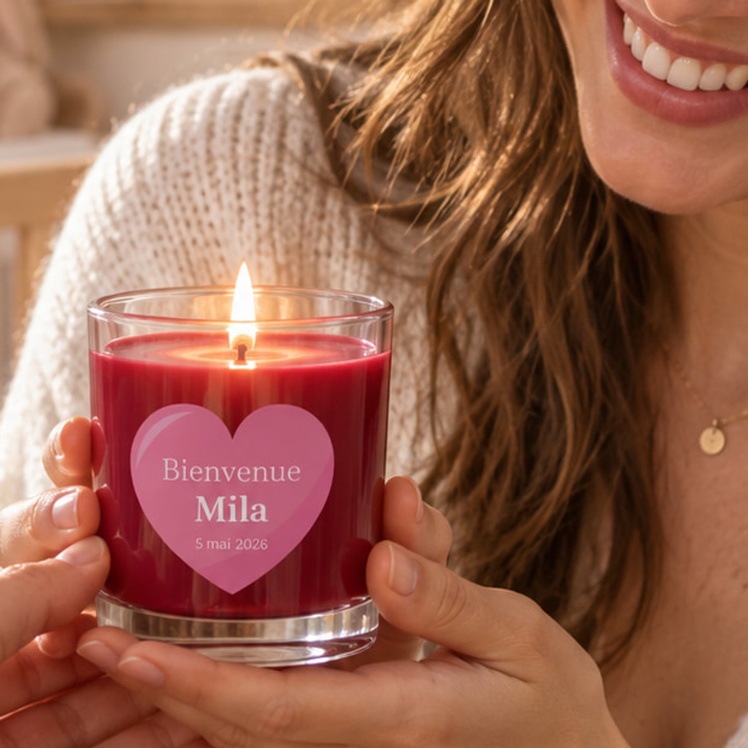 Bougie personnalisée Naissance Rouge passion 130g — cire végétale naturelle