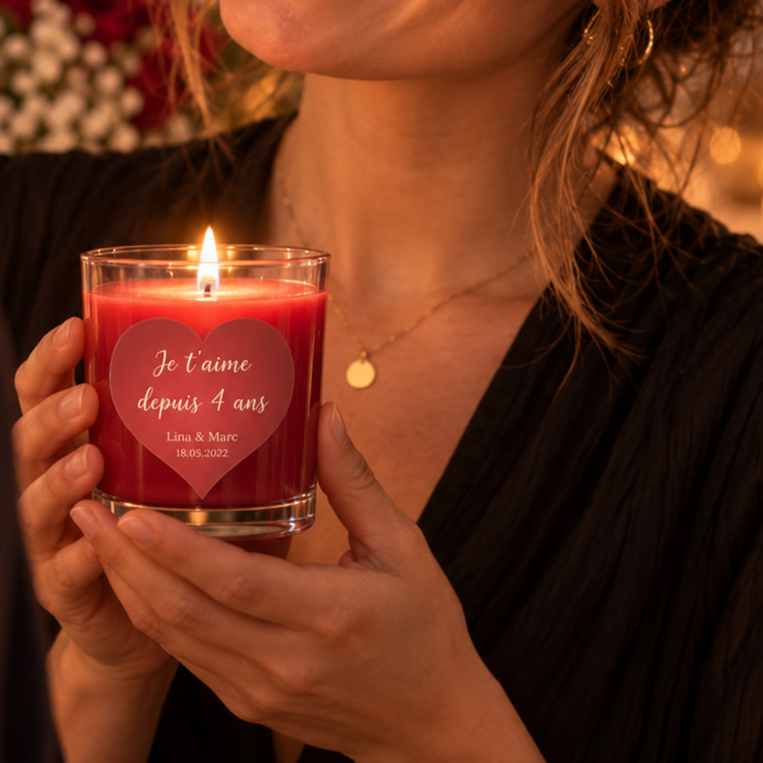 Bougie personnalisée Noces de cire (4 ans) Rouge passion 130g — cire végétale naturelle