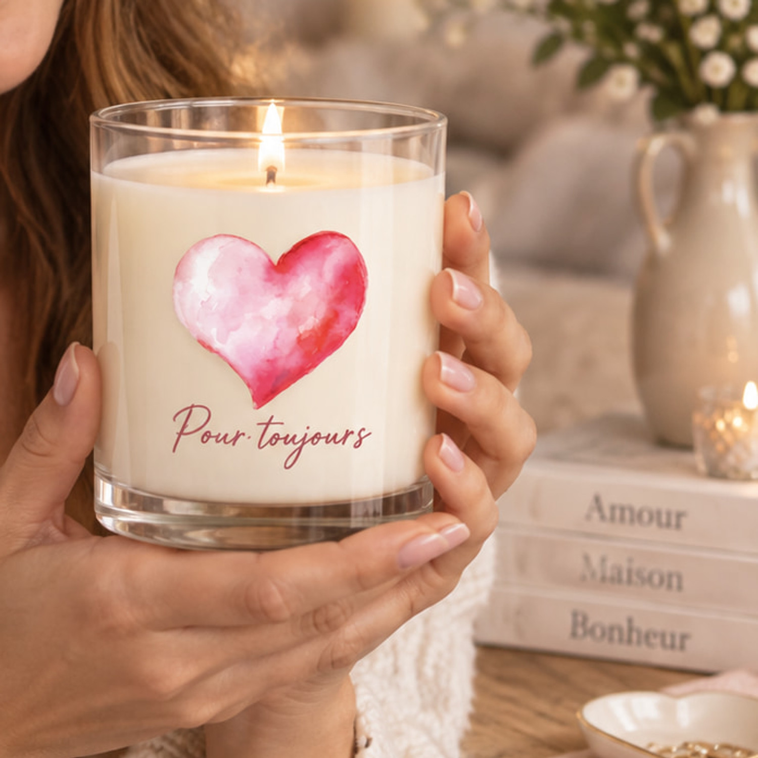 Bougie personnalisée Cœur & amour 240g — cire végétale naturelle — motif Aquarelle 03