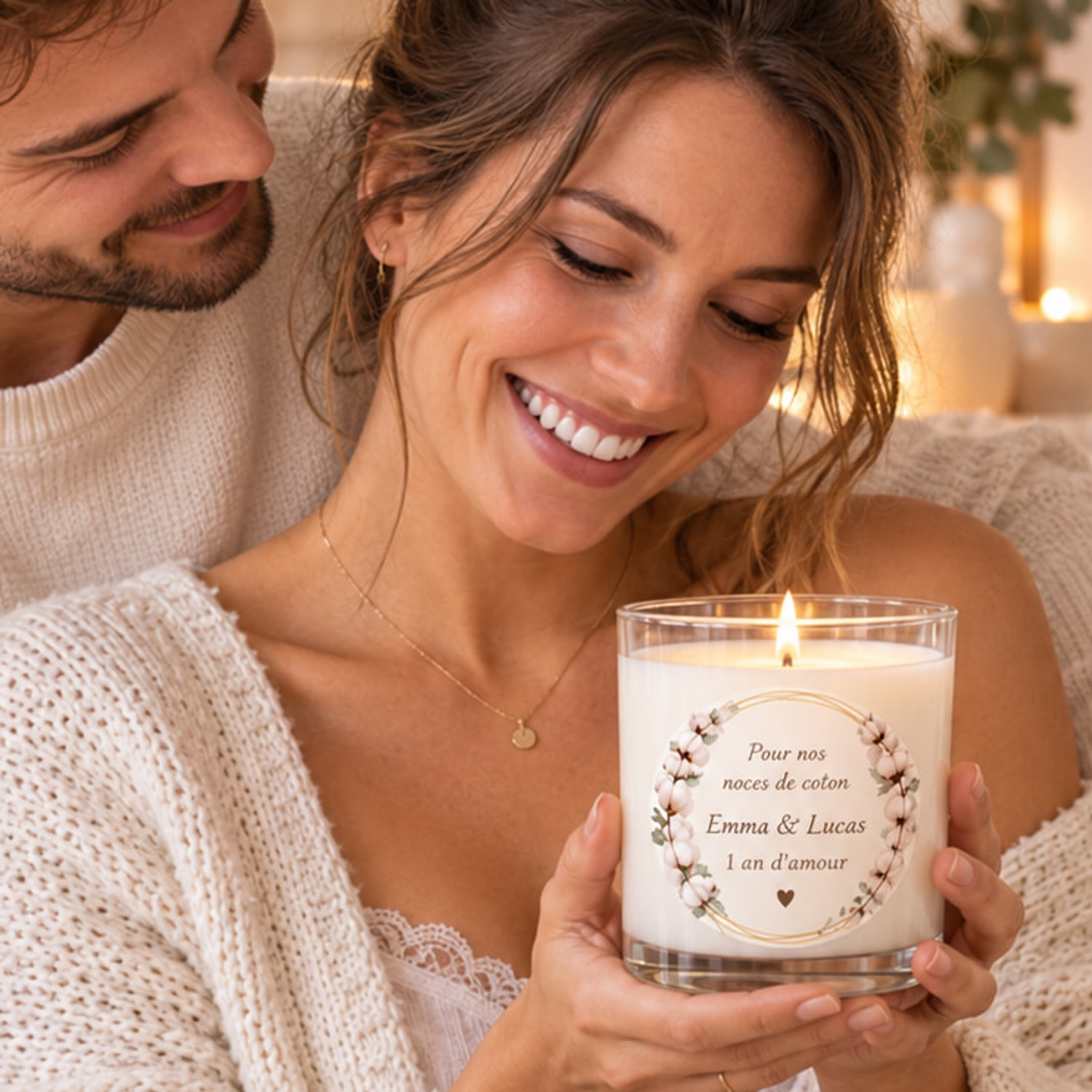 Bougie personnalisée Noces de coton (1 an) 350g — cire végétale naturelle